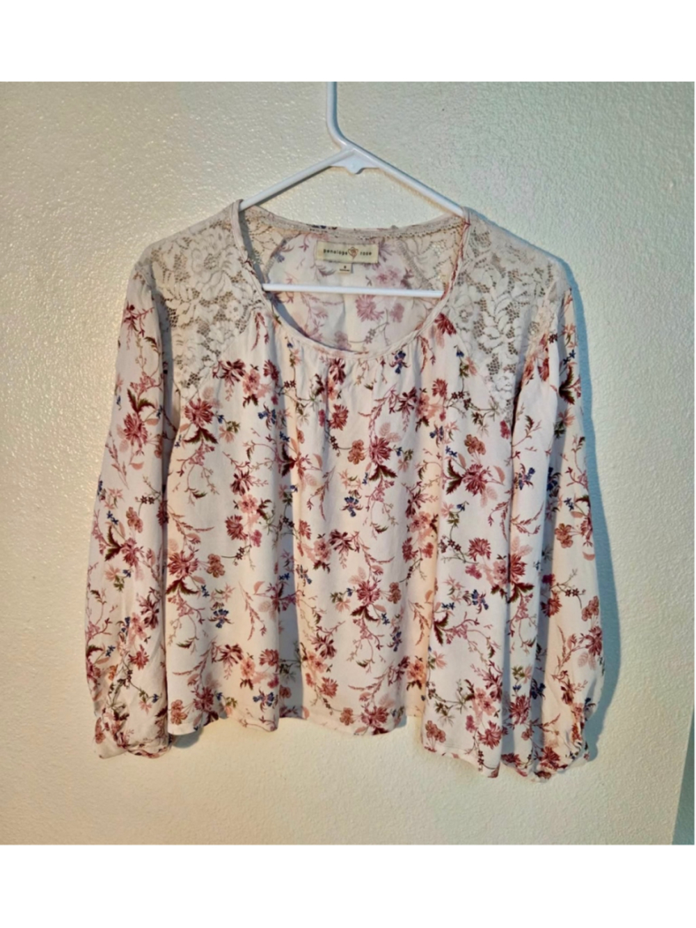 Penelope Rose Women’s Floral Rayon Boho Blouse Lace Yoke Balloon Sleeve Ivory Si